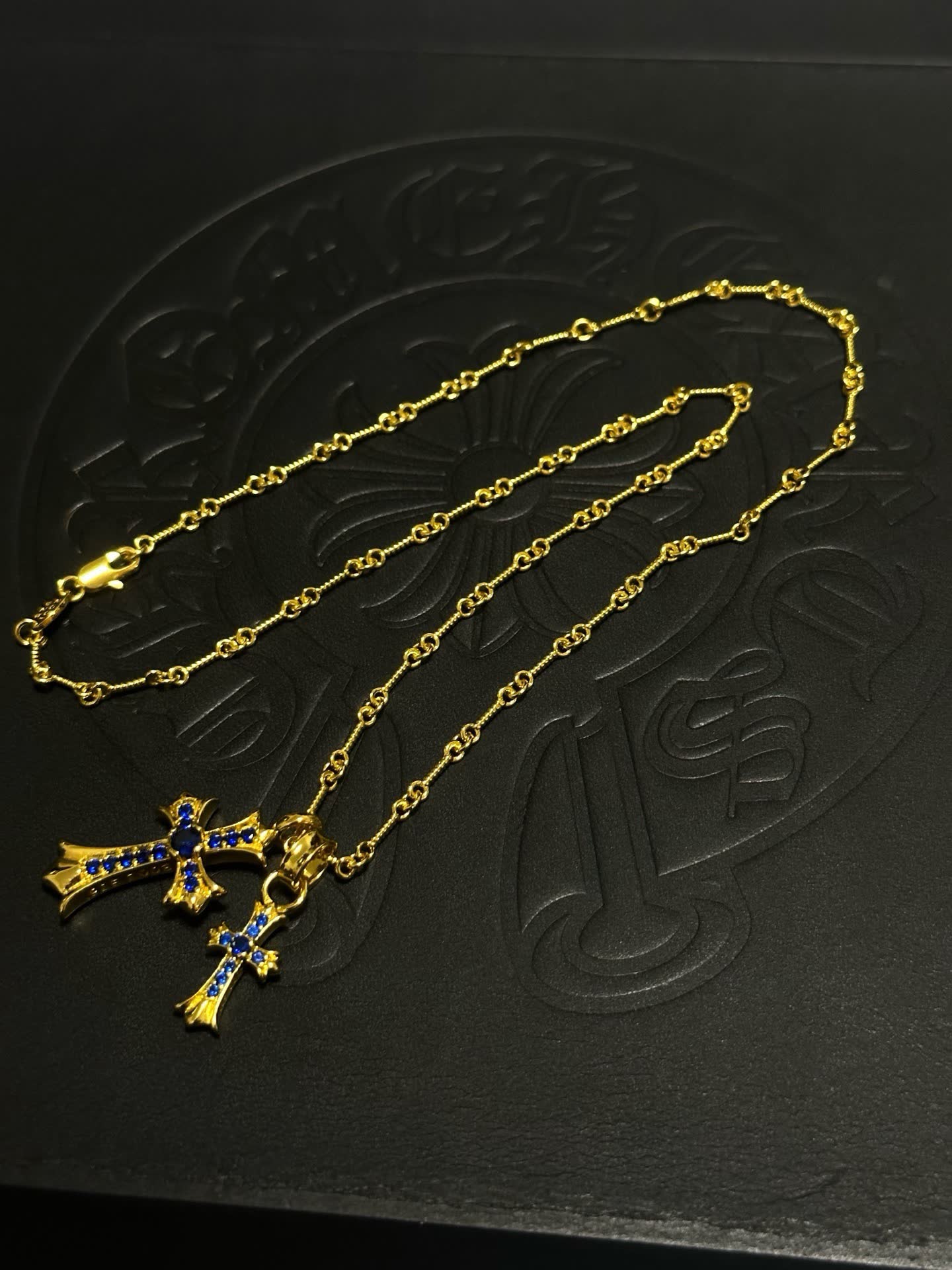 Chrome Hearts Gold Cross Pendant Necklace with Blue Stones
